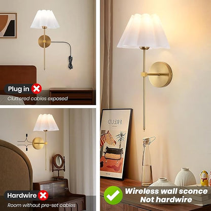 Battery Operated Wall Sconces Sets of 2, Indoor not Hardwired White Fabric lampshade Fixtures,Rechargeable Wireless 10 Colors Wall Lights with Dimmable Remote Control (20 inches)