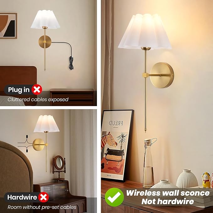 Battery Operated Wall Sconces Sets of 2, Indoor not Hardwired White Fabric lampshade Fixtures,Rechargeable Wireless 10 Colors Wall Lights with Dimmable Remote Control (20 inches)