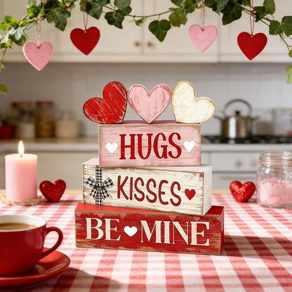 Valentines Day Decorations - Valentine Tiered Tray Decor Set - Wooden Table Decoration with Heart Signs - Rustic Farmhouse Valentine’s Day Home Decor Indoor for Shelf Mantel Coffee Table Gift