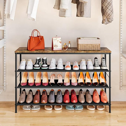 Shoe Rack Organizer 5 Tier Metal Organizer Shelf with Industrial MDF Board and Layer Fabric for Entryway Closet Bedroom Living Room Garage (Black+Rustic Brown, 4 Tier(47.2" W))