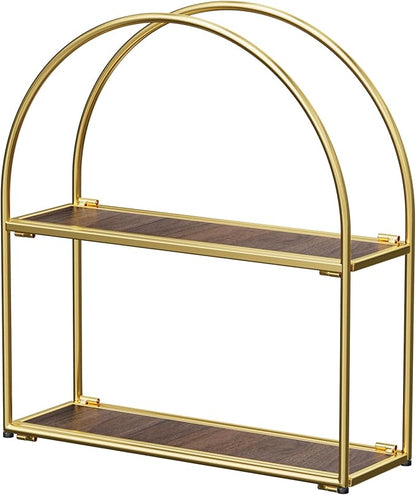 Crofy Gold Arched Frame Wall Shelf, Decorative 2 Tier Bathroom Wall Shelf with Walnut Finish Shelves and Robust Storage Capacity, 6" D x 17.9" W x 19.18" H