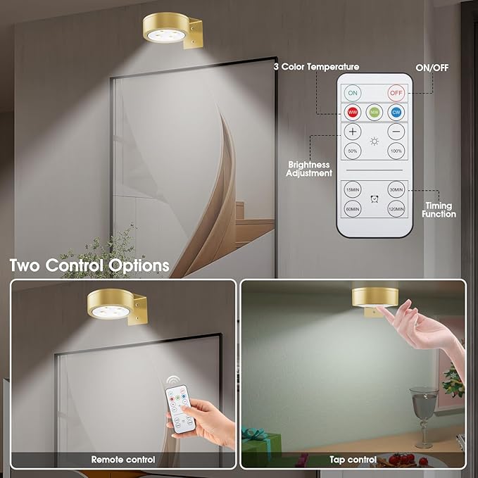 Picture Lights for Wall, 3 Lighting Modes Magnetic Art Display Light,Rechargeable Battery Operated Led Painting Light with Remote Control Dimmable & Timer,3Pack Gold