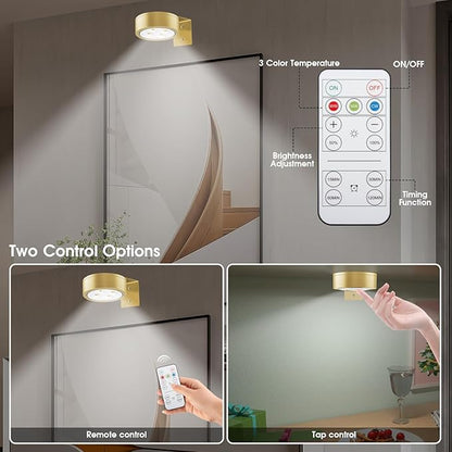 Picture Lights for Wall, 3 Lighting Modes Magnetic Art Display Light,Rechargeable Battery Operated Led Painting Light with Remote Control Dimmable & Timer,3Pack Gold