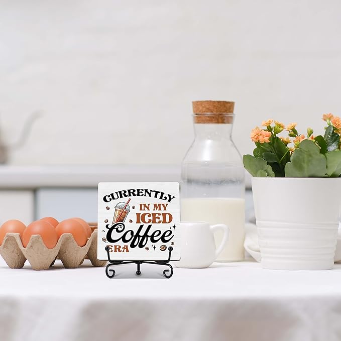Coffee Bar Decor, Farmhouse Kitchen Table Decor, Coffee Station Accessories, Wooden Decorative Sign with Iron Stand for Table Desk Shelf Display-E33