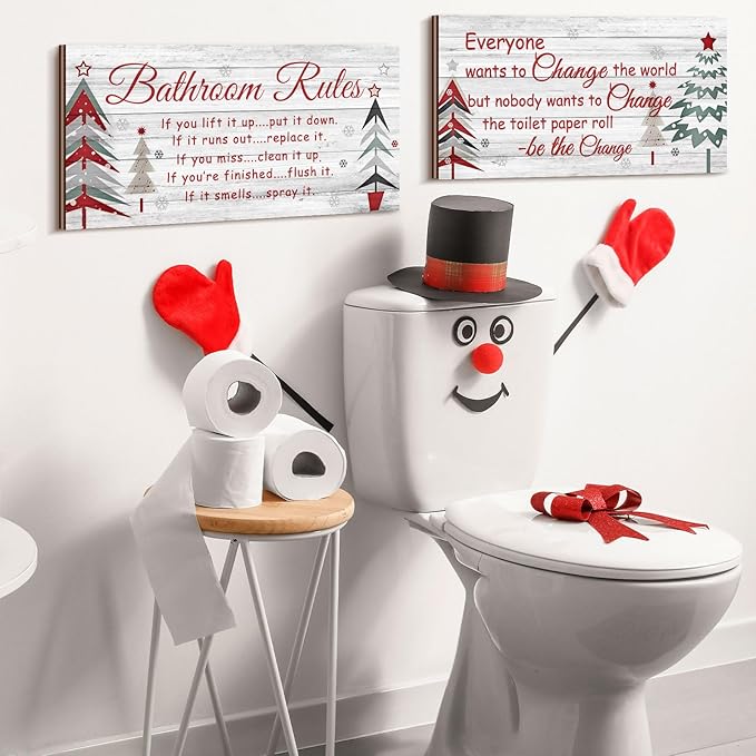 Jetec 2 Pieces Funny Bathroom Signs Bathroom Wall Decor Toilet Wall Accessories Farmhouse Toilet Rustic Wooden Signs, 12x6 Inch(Christmas Style)