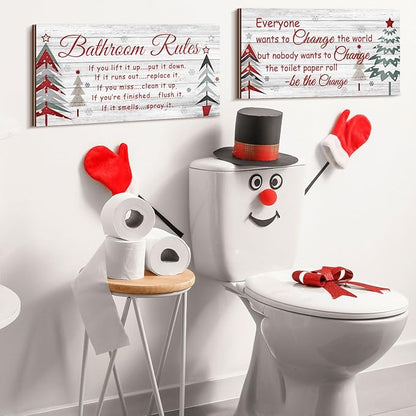 Jetec 2 Pieces Funny Bathroom Signs Bathroom Wall Decor Toilet Wall Accessories Farmhouse Toilet Rustic Wooden Signs, 12x6 Inch(Christmas Style)