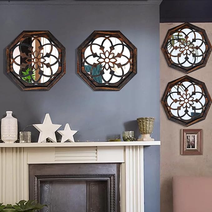 2-Piece Octagon Wall-Mounted Mirrors,Vintage Farmhouse Mirror for Wall Decor,Caramel Color Decorative Accent Mirror for Foyer, Bathroom, Bedroom. (12”x12”)