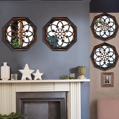 2-Piece Octagon Wall-Mounted Mirrors,Vintage Farmhouse Mirror for Wall Decor,Caramel Color Decorative Accent Mirror for Foyer, Bathroom, Bedroom. (12”x12”)