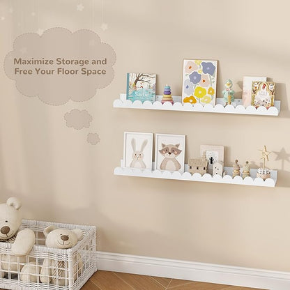 Fun Memories 32 Inch White Floating Shelf, Scalloped Picture Ledge for Nursery, Set of 2, Wall Mounted Book Shelves for Kids Room, Toddler Room