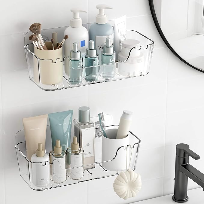 TZAMLI Acrylic Shower Caddy, Wall Mounted Adhesive Shelves with Lip, No Drilling Shower Organizer Clear Shelf for Bathroom Toilet Kitchen Storage, Large Long