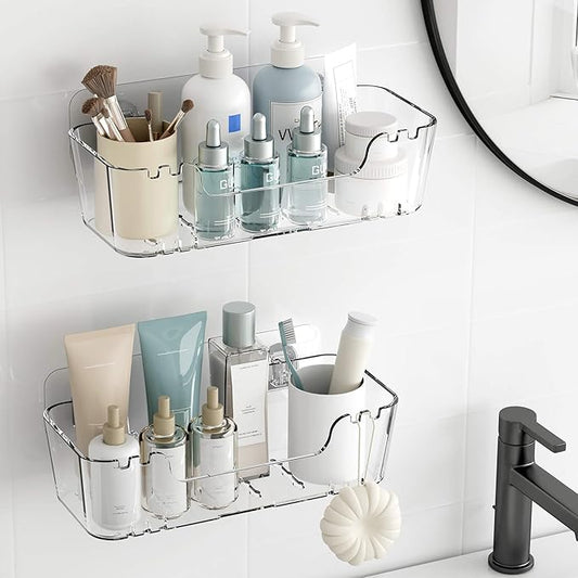 TZAMLI Acrylic Shower Caddy, Wall Mounted Adhesive Shelves with Lip, No Drilling Shower Organizer Clear Shelf for Bathroom Toilet Kitchen Storage, Large Long
