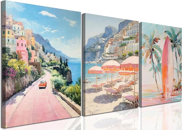 Pink Beach Wall Art Set of 3, Preppy Coastal Wall Decor Paintings, Italy Amalfi Coast Poster Canvas Prints, Beachy Surf Pictures Aesthetic for Teen Girls Bedroom Living Room Dorm 12x16 inch Framed