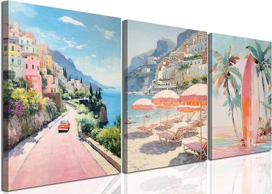 Pink Beach Wall Art Set of 3, Preppy Coastal Wall Decor Paintings, Italy Amalfi Coast Poster Canvas Prints, Beachy Surf Pictures Aesthetic for Teen Girls Bedroom Living Room Dorm 16x24 inch Framed