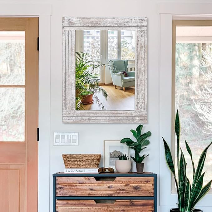 Wall Mirror Rustic Wooden Frame Rectangle Mirror Vintage Hanging Mirror for Bedroom Bathroom Living Room Farmhouse Wall Decor Large 26