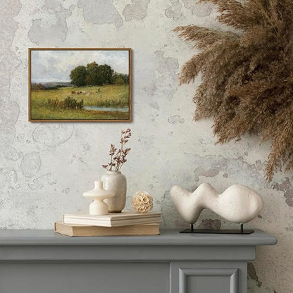OIQArtOIQ Vintage Landscape Canvas Wall Art Framed Natural Scenery Painting Artwork Prints France Country Wilderness Farmhouse Decor Pictures Kitchen Bedroom Living Room Bathroom