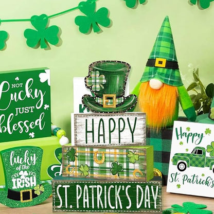 DIYDEC 4Pcs St.Patrick's Day Table Decoration Shamrocks Hat Wooden Block Signs Rustic St. Patrick Tiered Tray Decor Happy St.Patrick's Day Centerpiece Sign for Farmhouse Holiday Tabletop Party Decor