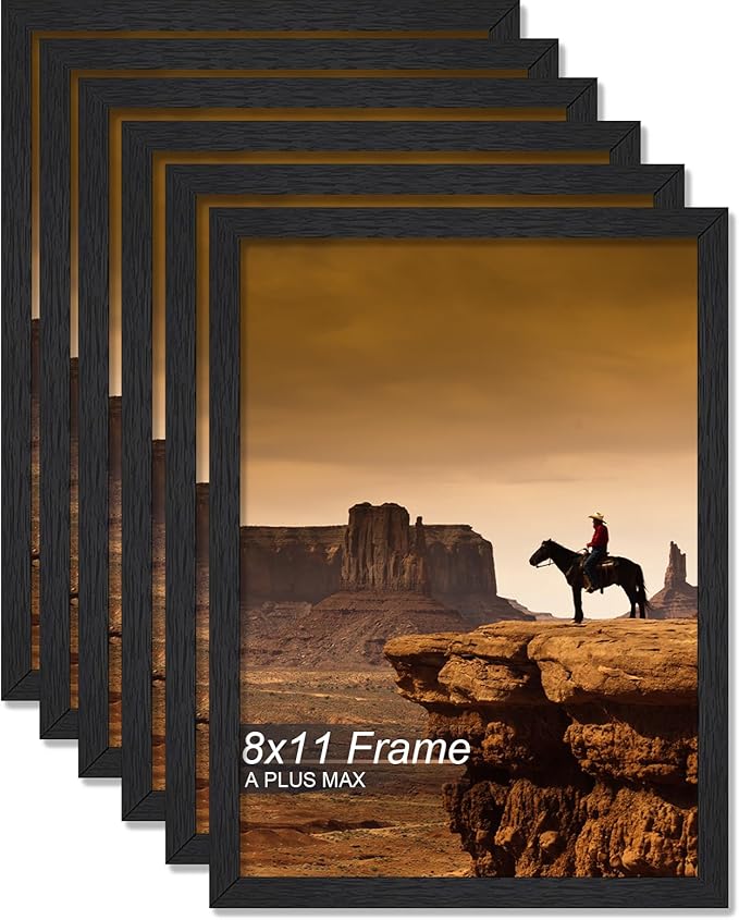A PLUS MAX 8x11 Picture Frame Set of 6, Black Engineered Wood Frame for 8 x 11 Inch Picture Poster Photo, Light Weight 8 by 11 Frame with Wood-grain for Wall - 6 Pack/Black/8