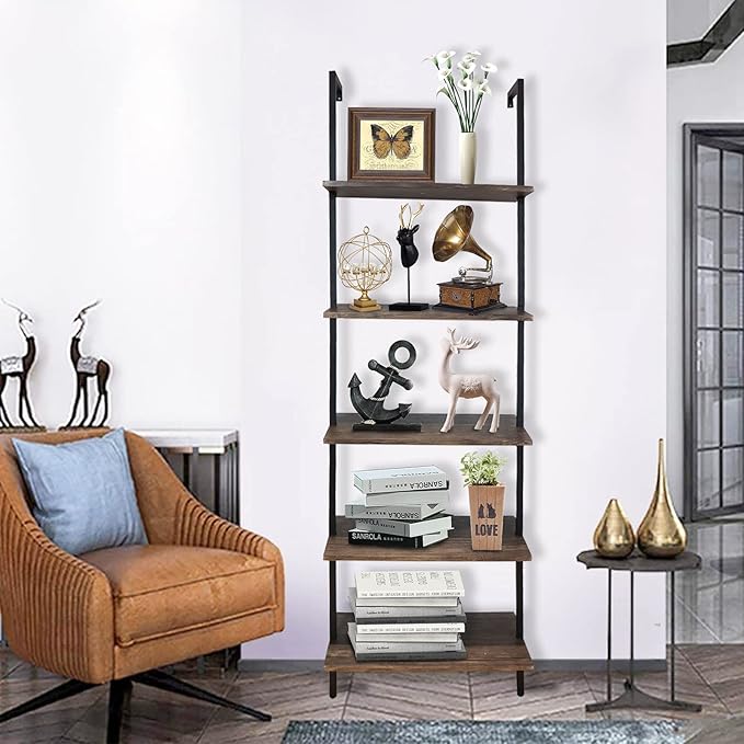 aboxoo Ladder Shelf Open Bookshelf 5-tier Wood Wall-mounted Bookcase Storage Rack Open Back Industrial Modern Plant Flower Stand Utility Organizer Bookcase Metal Frame Furniture Office Kitchen Bedroom