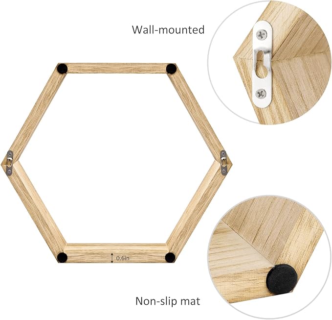 YBING Hexagon Floating Shelves Wall Mounted Farmhouse Wood Storage Honeycomb Wall Shelf Set of 6 Hexagonal Shelves Wall Home Decor Hexagon Shelves for Living Room Bedroom Office, Light Brown