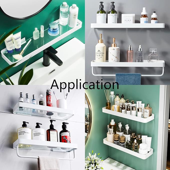 15.7" Bathroom Wall Shelf, Rust-Proof Bathroom Shelves Wall Mounted, Shower Caddy Shelves with Tempered Glass, Glass Shower Shelf for Wall Organization and Storage, White (1 Tier)