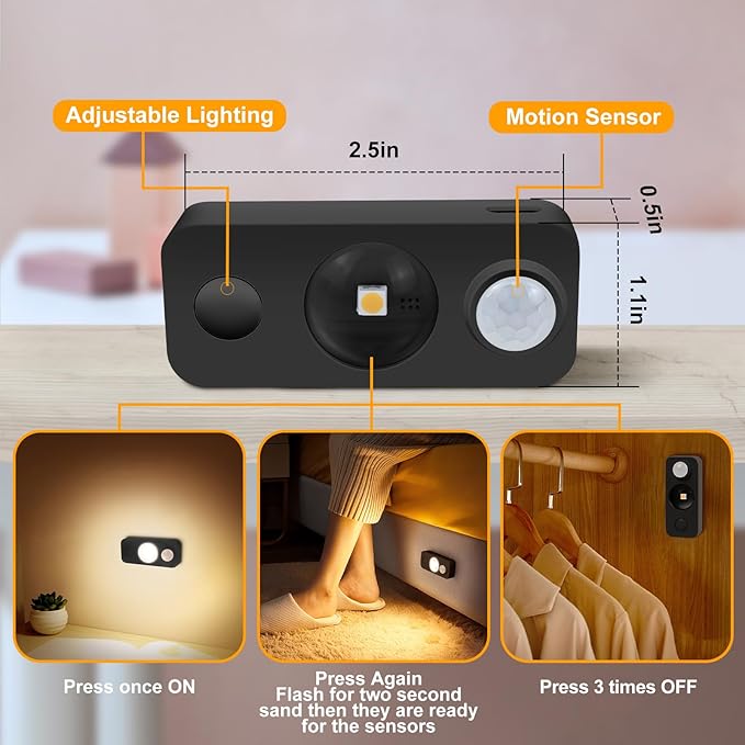 LED Motion Sensor Puck Lights, Rechargeable Cabinet Lights, Stick on Wireless LED Night Light for Closet, Drawer, Shelf, Under Cabinet, Warm White 4Pack, USB Charging Cord Included