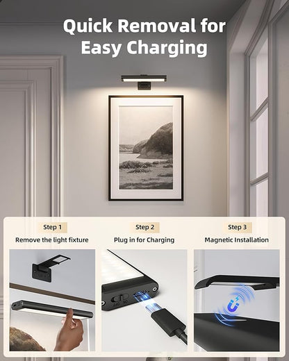 EZVALO Picture Light for Wall, Rechargeable 2400mAh Battery Lights Wireless Remote, 3 Color & Dimmable Magnetic 7.8'' LED Lights Display for Painting, Living Room, Gallery, Bedroom(Black-3P)