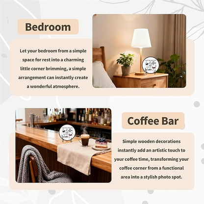 Coffee And Wine Desk Decor Sign, Rustic Funny Wooden Box Plaque, A Good Day Starts With Coffee And Ends With Wine Wood Sign, Decor For Home Kitchen Table Top, Wooden Round With Stand-20