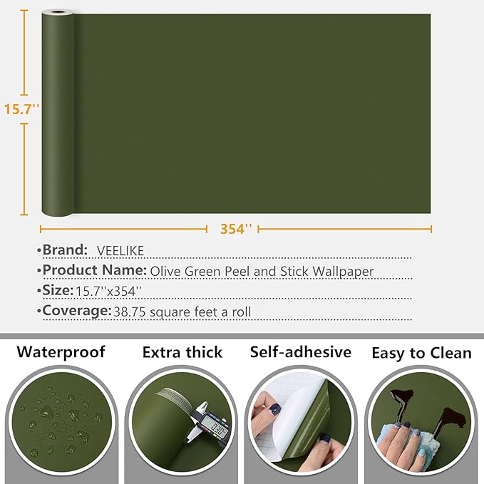 VEELIKE Thick Olive Green Wallpaper Peel and Stick Removable 15.7''x354'' Vintage Green Contact Paper for Cabinets Walls Waterproof Self Adhesive Green Vinyl Wall Paper for Bathroom Bedroom Kitchen