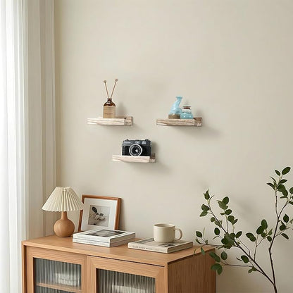 Z metnal Mini Floating Shelves, Small Natural Wooden Display Wall Shelf for Picture Ledge, Pawlownia, Wall Mounted, Light Brown, 6 x 5.5inch, 3 Pack