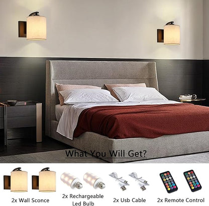Battery Operated Wall Sconce Set of 2, Black Cordless Rechargeable Wall Sconces with Dimmable LED Bulb, 13 Colors Wall Lights for Bedroom Living Room Hallway
