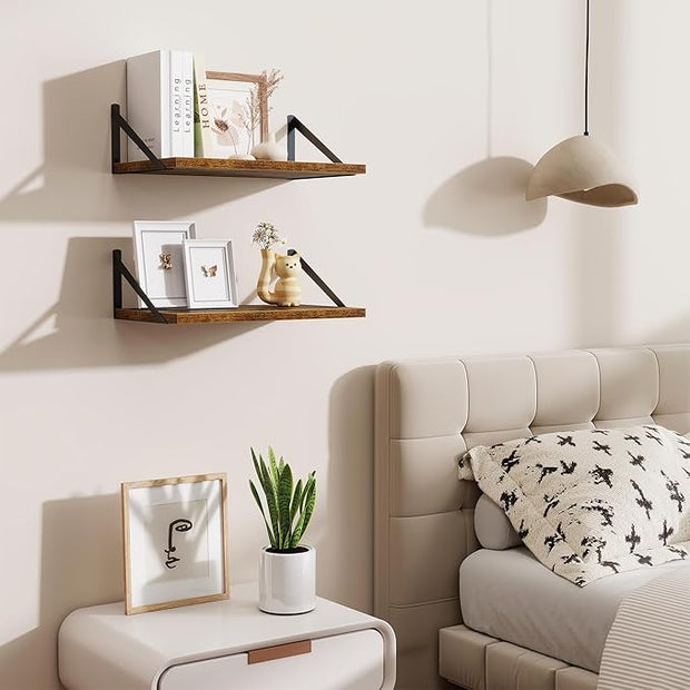 Floating Shelves for Wall,18" Wall Mounted Shelves Set of 2,Wood Floating Shelf with Bracket,Sturdy Metal Bracket Bookshelves Home Decor Storage for Living Room,Bedroom,Bathroom,Kitchen,Rustic Brown