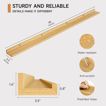 Fun Memories Picture Ledge Shelf, 60 Inch Floating Shelves Set of 2, Large Nursery Book Shelves for Toys Storage, Kids Bookshelf Wall Mounted for Wall Decor Books Photo Frames, Oak