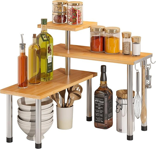 BMOSU Kitchen Corner Shelf Countertop Organizer with Hooks Adjustable Spice Rack Corner Display Rack Shelf Cabinet Counter Shelves(Bamboo)