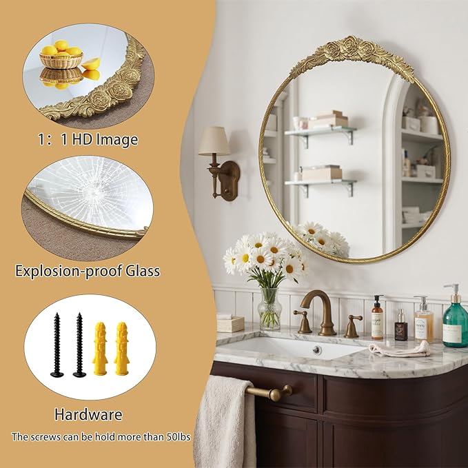 Growsun Round Wall Mirror with Vintage Gold Floral Frame – 24 Inch Decorative Wall Mirror for Living Room, Bedroom, Entryway, Bathroom Vanity – Elegant Antique Accent Home Décor