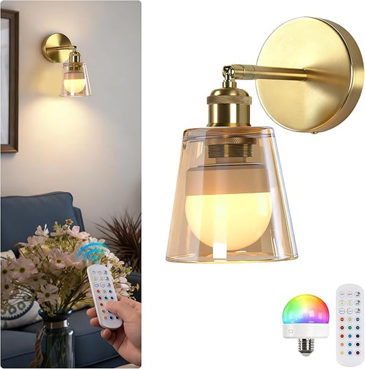 Vintage Battery Operated Wall Sconce with Amber Minimalist Glass Lampshade Rechargeable Battery Powered Wall Light with Remote Control for Bedside Bedroom Bathroom, Set of 1