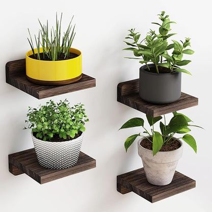 Fixwal Small Floating Shelves, 5X5 Inches Wall Shelf Set of 4, Rustic Wood Small Wall Mounted Shelves for Bedroom, Living Room, Kitchen, Bathroom Decor (Dark Carbonized Black)