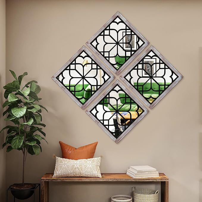 ZEXUIRU Set of 4 Wooden Rustic Square Wall Mirror Vintage Style Decorative Entry Mirror Farmhouse Wall Decoration for Living Room Bedroom Bathroom Kitchen 11.8 * 11.8inch Brown…