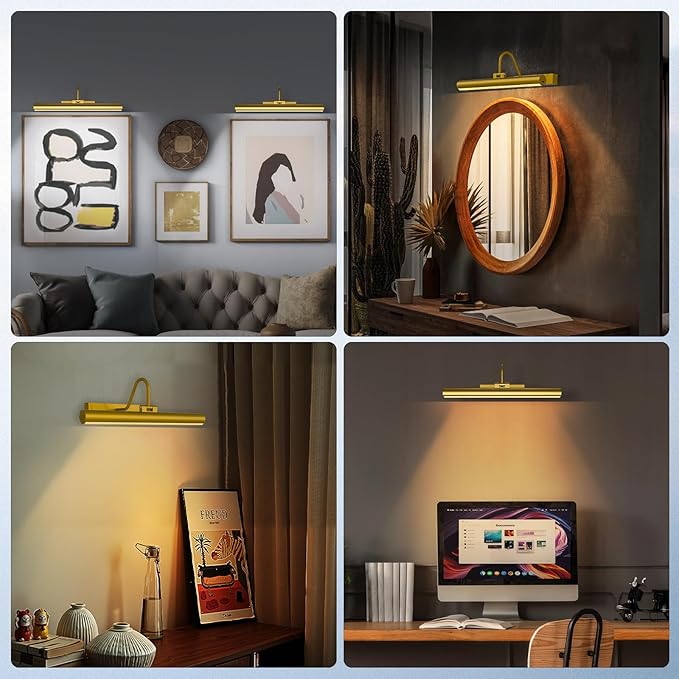 13'' Picture Light for Wall, 5200 mAh Battery Operated Picture Light with Remote & Timer for Wall Art - 3 CCT Dimmable LED, Brass Finish