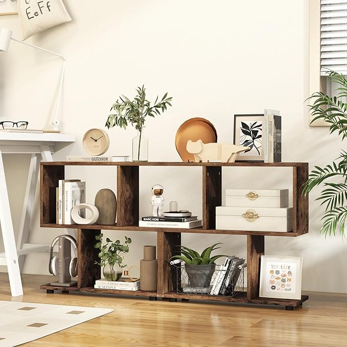 Tangkula 2 Tier Geometric Bookshelf, Freestanding Wood Display Shelf, Home Office Room Divider S Shaped Open Bookcase, Small Bookshelf for Small Spaces, Living Room, Study (Coffee, 2)