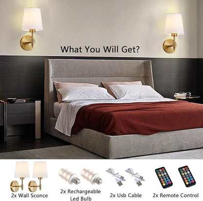 Rechargeable Wall Sconces Set of 2, Brushed Gold Cordless Battery Operated Sconce with Dimmable LED Bulb and Remote, 13 Colors Wall Lights for Bedroom Living Room Hallway