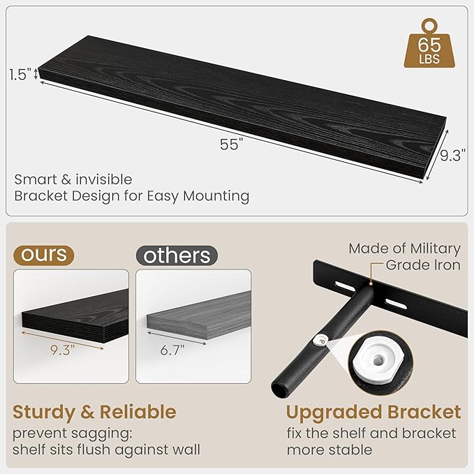 55 Inch Long Floating Shelves for Wall Set of 2, 55x9.3 Large Floating Shelf for Bedroom, Kitchen, Bathroom, Wall Mounted Rustic Wood Shelves with Invisible Bracket for Books, Decor, Black