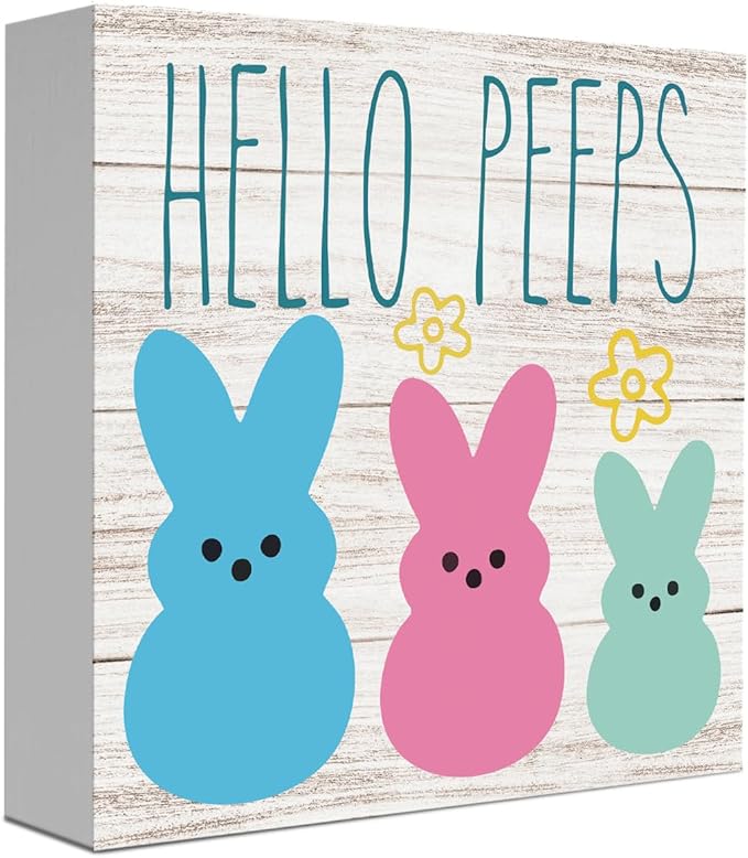 Funny Easter Sign Easter Bunny Peeps Decor Table Decorations Spring Flower Decor Indoor for Home Office Desk Table Shelf Tiered Tray Hello Peeps Wooden Sign 5 X 5 Inch
