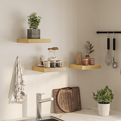 Square Floating Shelves for Wall, 12" W x 12" D x 1.2" H, Small Wooden Wall Mounted Display Shelves with Invisible Brackets for Living Room, Bedroom, Bathroom, Kitchen Decor, Set of 3, Oak