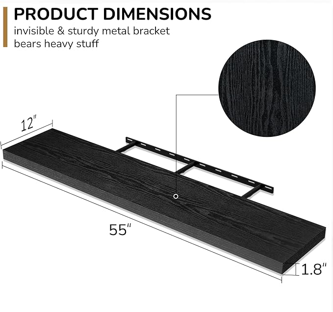 Fun Memories Floating Shelves - 12 Inch Rustic Wooden Wall Shelves - Extra Deeper & Thicker Wall Mounted Storage Shelf for Living Room, Kitchen, Farmhouse - 55