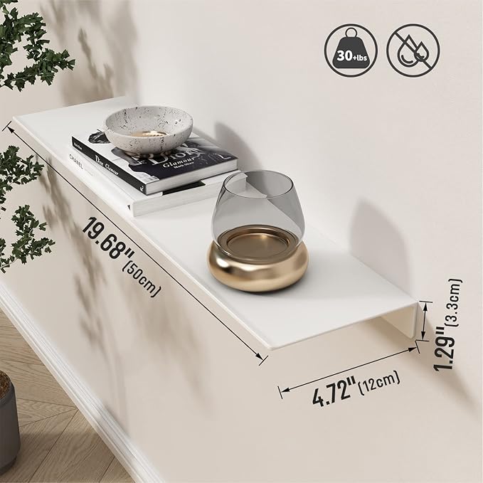 Danpoo White Floating Shelf for Wall Storage, Metal Wall Shelves for Living Room/Bathroom/Kitchen, Bedroom, 20” Long Display Shelf for Collectibles