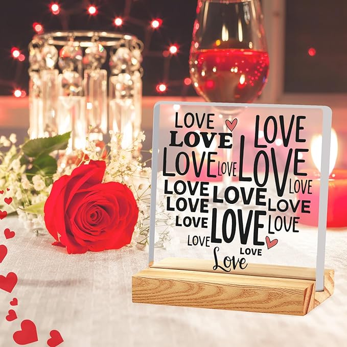 Valentines Desk Decor, Happy Valentine's Day Home Office Table Sign for Porch Tiered Tray Shelf Party, Rustic Romantic Acrylic Gifts Decorations for Him Her Wife, Love