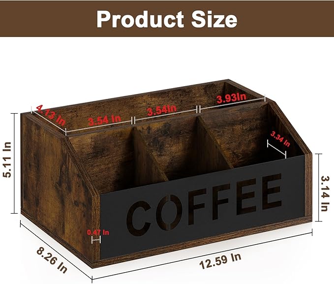 YINMIT Coffee Station Organizer for Countertop, Wood Coffee Bar Organizer with Removable Dividers for Pods, Syrup, Cups, Stirrer, Tea - Office Bar Accessories, Iron Sheet-Vintage Brown