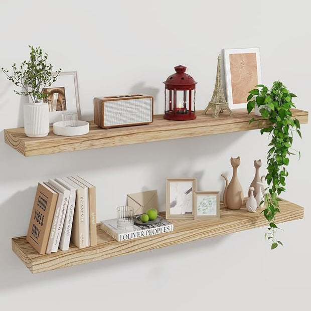 Marsmiles Wood Floating Shelves for Wall Set of 2, 36 Inch Wide Rustic Wooden Floating Shelves, Invisible Wall Mounted Display for Living Room Bedroom Kitchen Bathroom Office, Carbonized Black