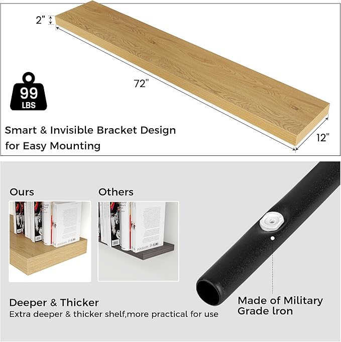 Floating Shelves for Wall, 72 Inch Wide x 12 Inch Deep Floating Shelves, Long Wood Floating Wall Shelf Shelves for Living Room Bathroom Bedroom Kitchen Home - (Oak, 72