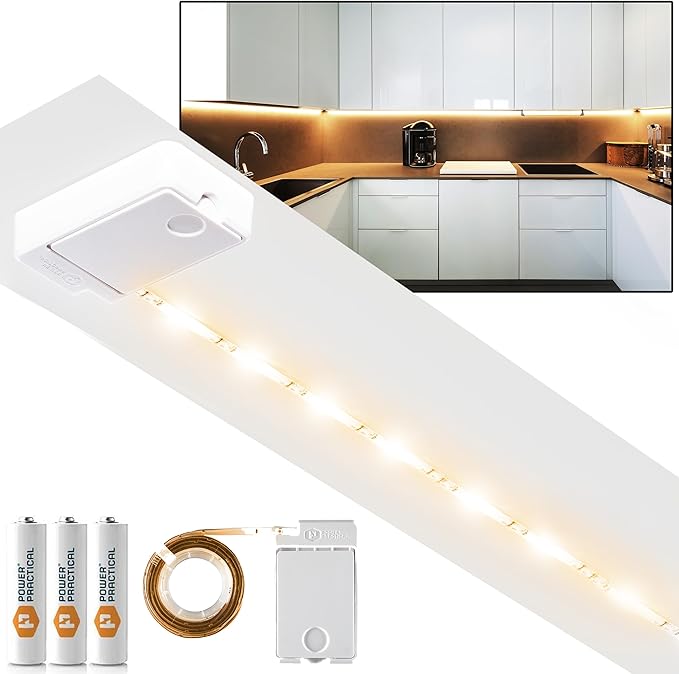 POWER PRACTICAL Luminoodle Under Cabinet Lighting - Click LED Light Strip for Shelves, Kitchen Cabinets, & Furniture, 1-Pack Includes Power Button & Tape Adhesive - Warm White (2700K)